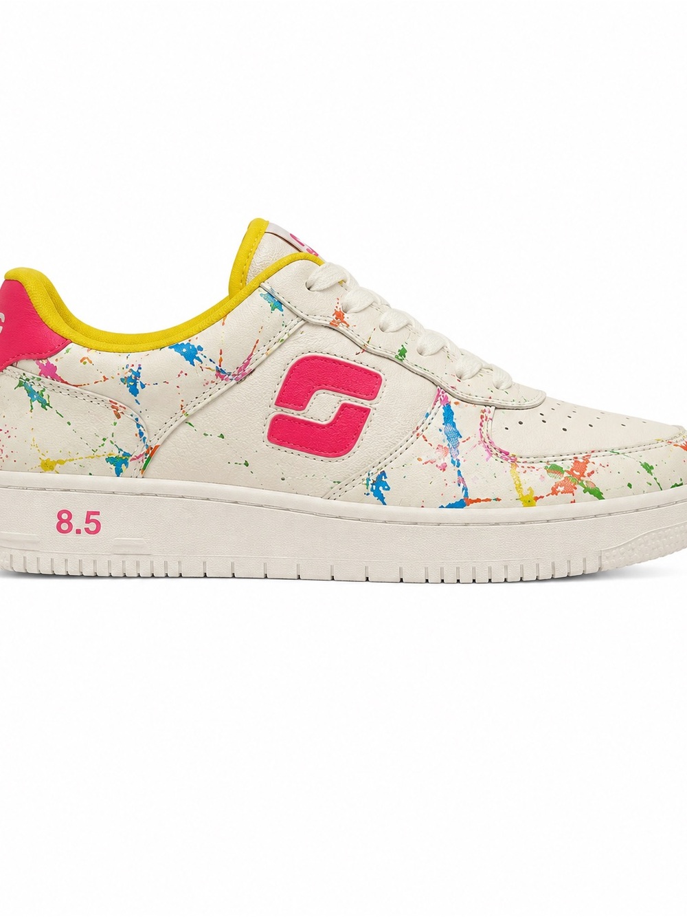 Cream Paint-Splatter Sneakers with Hot Pink Logo